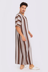 Gandoura Men's Short Sleeve Long Striped Thobe in Grey & Brown