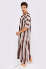 Gandoura Men's Short Sleeve Long Striped Thobe in Grey & Brown