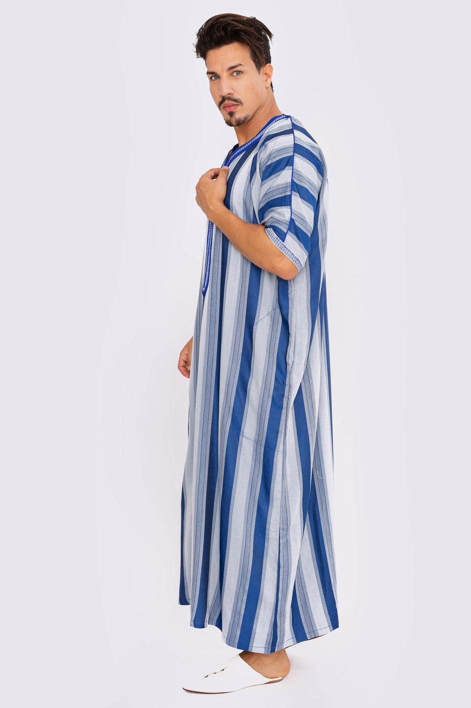 Gandoura Men's Short Sleeve Long Striped Thobe in Grey & Blue