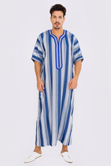 Gandoura Men's Short Sleeve Long Striped Thobe in Grey & Blue