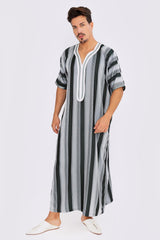 Gandoura Men's Short Sleeve Long Striped Thobe in Grey & Black