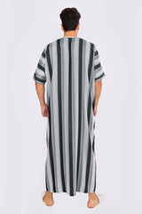 Gandoura Men's Short Sleeve Long Striped Thobe in Grey & Black