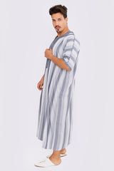 Gandoura Men's Short Sleeve Long Striped Thobe in Grey