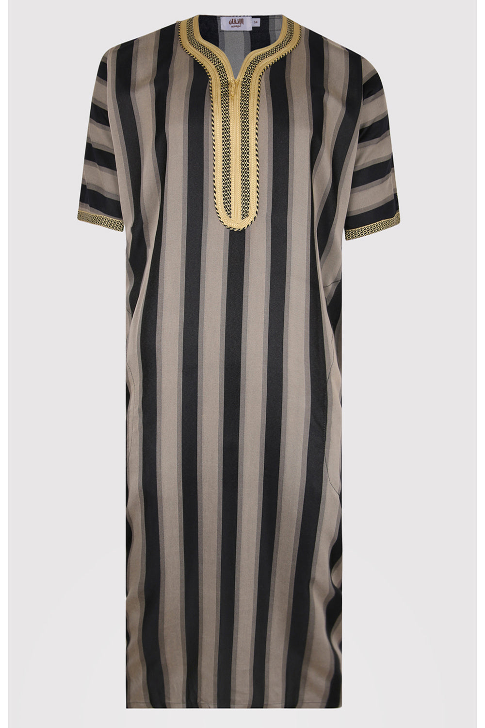 Striped Short Sleeve Mens Gandoura Thobe In Grey With Gold Detailing