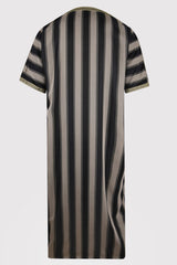 Striped Short Sleeve Mens Gandoura Thobe In Grey With Gold Detailing