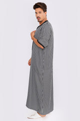 Gandoura Napoli No3 Men's Short Sleeve Long Striped Thobe in Black & Grey