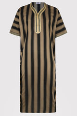 Striped Short Sleeve Mens Gandoura Thobe In Cream With Gold Detailing