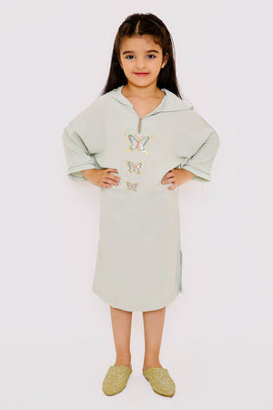 Djellaba Abir Girl's Long Sleeve Hooded Butterfly Kaftan Dress in Light Green
