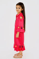 Djellaba Acheqa Girl's Hooded Tassel Maxi Kaftan Dress in Raspberry