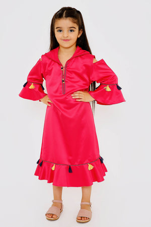 Djellaba Acheqa Girl's Hooded Tassel Maxi Kaftan Dress in Raspberry
