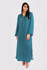 Djellaba Belkis Jr Girl's Long Sleeve Hooded Cropped Kaftan Dress in Teal Print