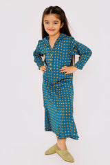 Djellaba Belkis Jr Girl's Long Sleeve Hooded Cropped Kaftan Dress in Teal Print