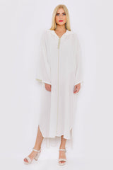 Djellaba Cihan Long Sleeve Hooded Midi Dress Kaftan in White