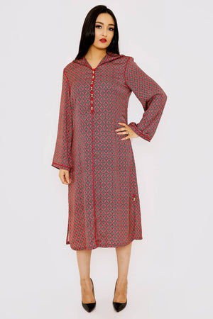 Djellaba Fenty Long Sleeve Hooded Print Midi Dress Kaftan in Raspberry