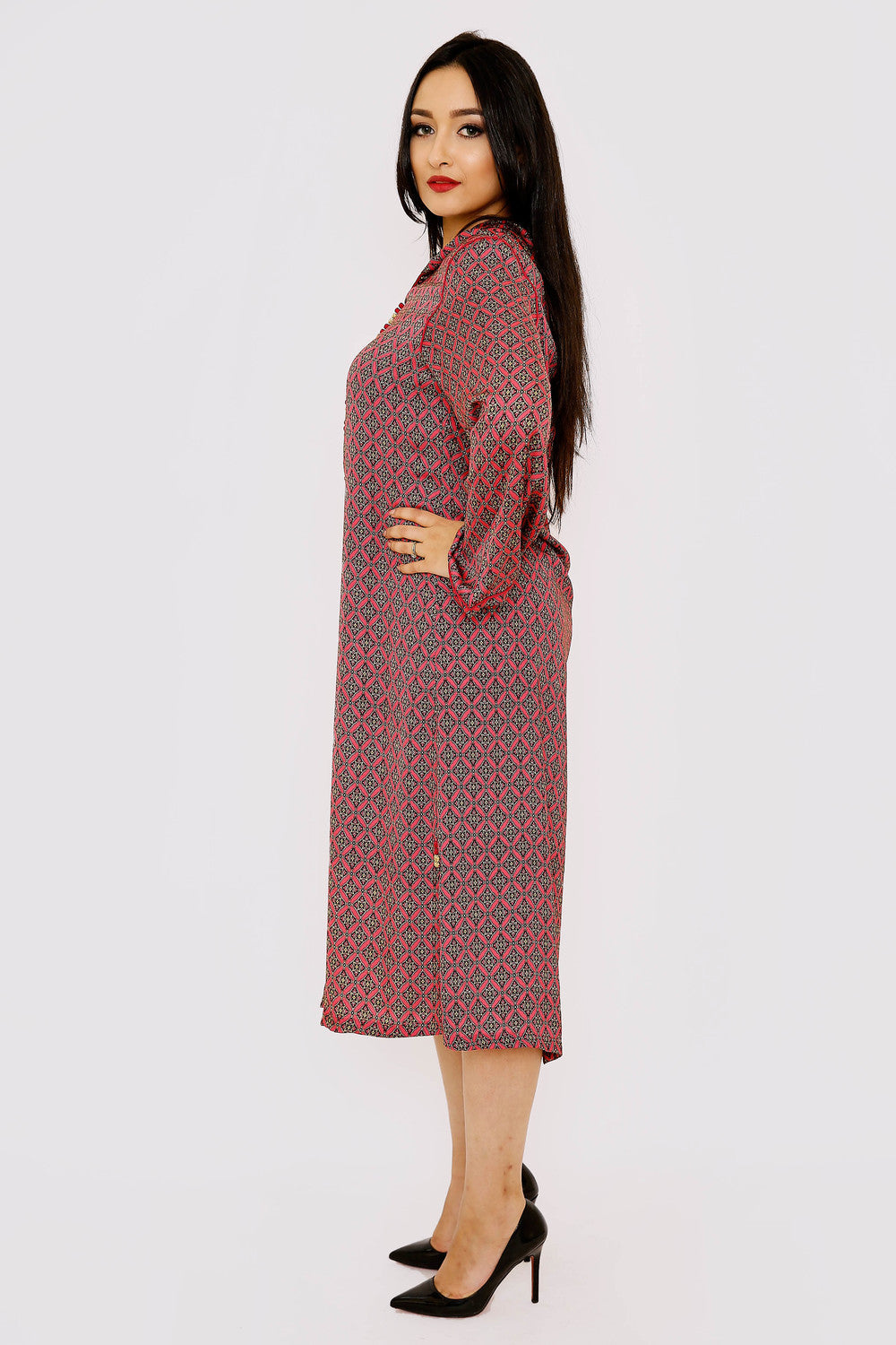 Djellaba Fenty Long Sleeve Hooded Print Midi Dress Kaftan in Raspberry