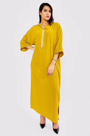 Djellaba Hilal Cropped Sleeve Hooded Maxi Dress Kaftan in Lime