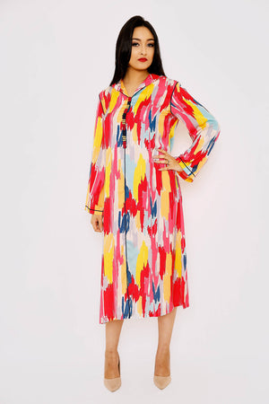 Djellaba Nihal Long Sleeve Multi-Print Hooded Midi Kaftan Dress in Print