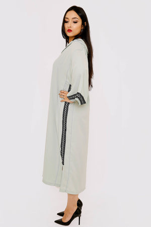 Djellaba Perla Long Sleeve Contrast Embroidery Hooded Midi Kaftan Dress in Light Green