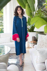 Djellaba Farhat Long Sleeve Contrast Colour Hooded Midi Dress Kaftan in Blue