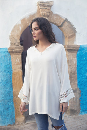 Simon Hooded Lace Sleeve Longline Top in White