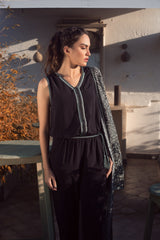 Bella Sleeveless Modest Jumpsuit and Coordinating Duster Jacket Set in Black & Print