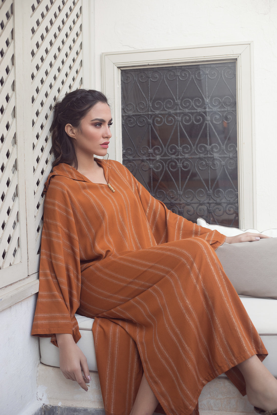 Djellaba Dinera Long Sleeve Hooded V Neck Maxi Dress Kaftan in Brown Stripe