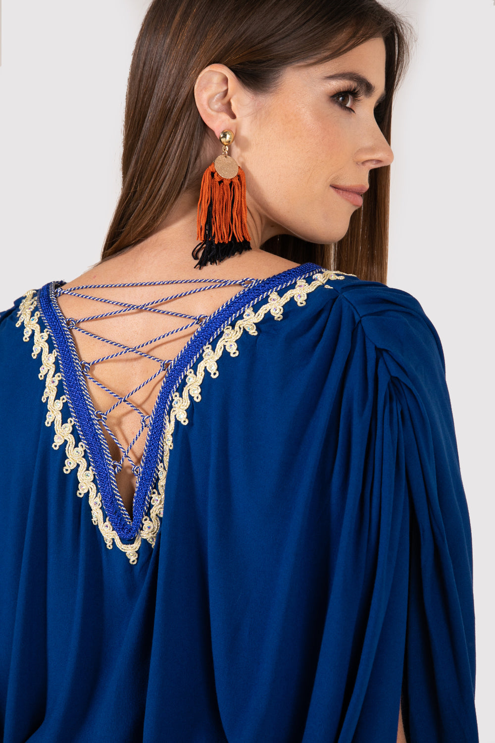 Kaftan Eloise Embroidered Neckline Split Sleeve Ruche Shoulder Lace-Up Long Maxi Dress in Marine