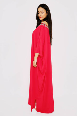 Kaftan Arwa Off-The-Shoulder Bardot Loose Maxi Gandoura Dress Abaya in Raspberry
