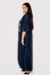 Kaftan Dahlia Cropped Flute Sleeve Embroidered Maxi Dress Gandoura in Blue