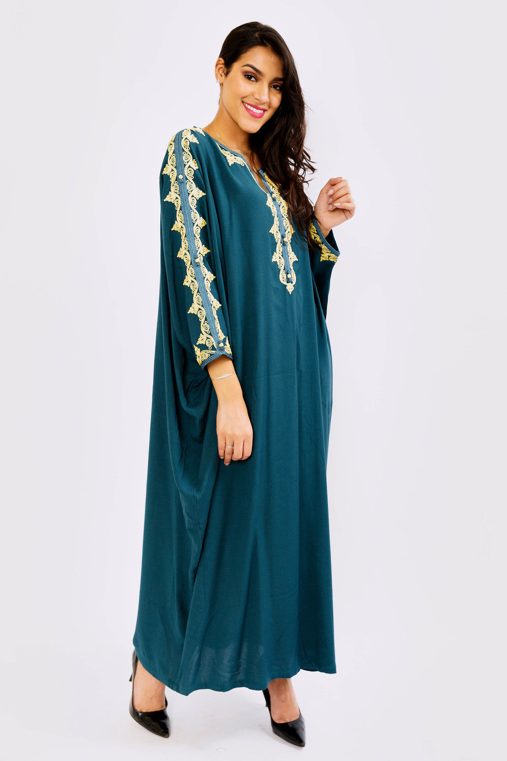 Kaftan Fatin Long Sleeve Button-Up Loose Maxi Dress Gandoura Abaya in Petrol