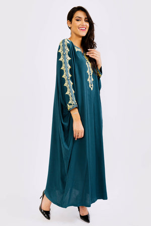 Kaftan Fatin Long Sleeve Button-Up Loose Maxi Dress Gandoura Abaya in Petrol