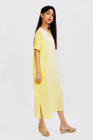 Gandoura Keniz Girl's Short Sleeve Cropped Velvet Maxi Kaftan Dress in Yellow