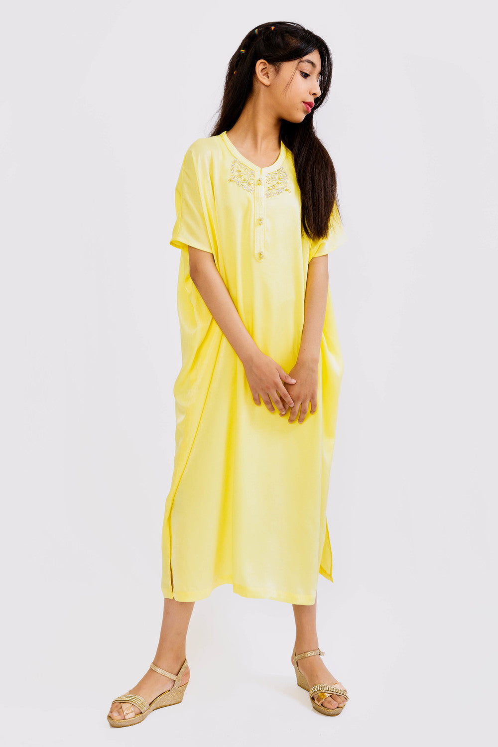 Gandoura Keniz Girl's Short Sleeve Cropped Velvet Maxi Kaftan Dress in Yellow