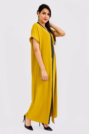 Kaftan Sahar Short Sleeve Contrast Embroidery Loose Maxi Dress Gandoura in Lime
