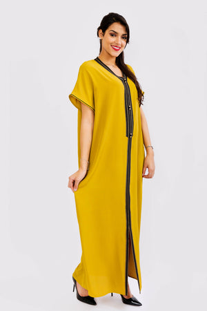 Kaftan Sahar Short Sleeve Contrast Embroidery Loose Maxi Dress Gandoura in Lime