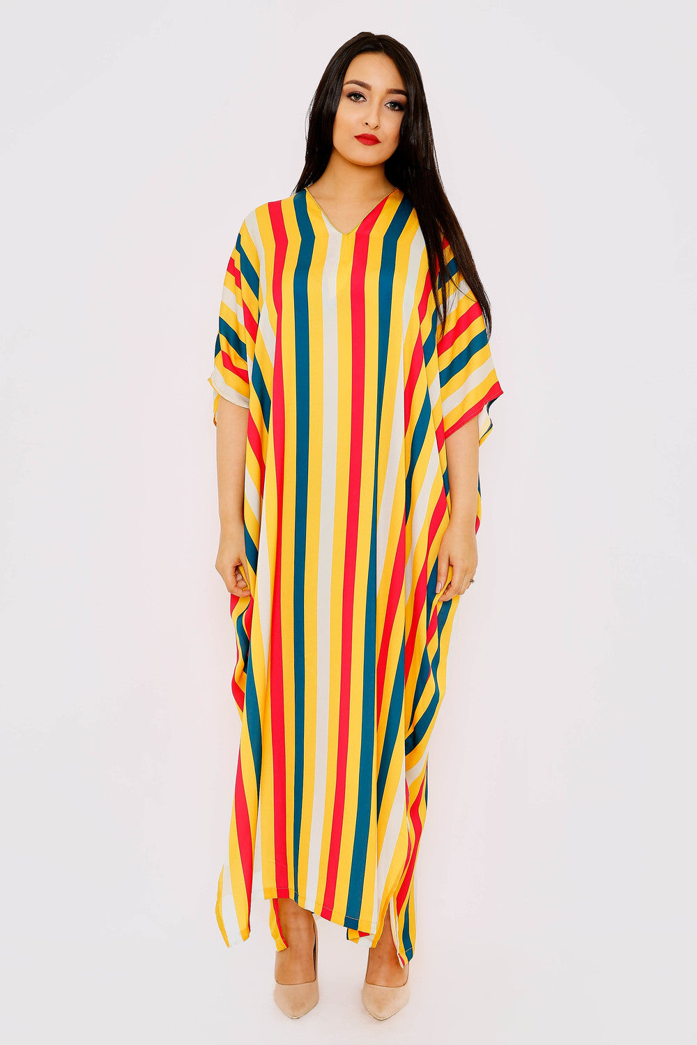 Kaftan Taj Cropped Sleeve Stripe Loose Maxi Gandoura Dress in Print
