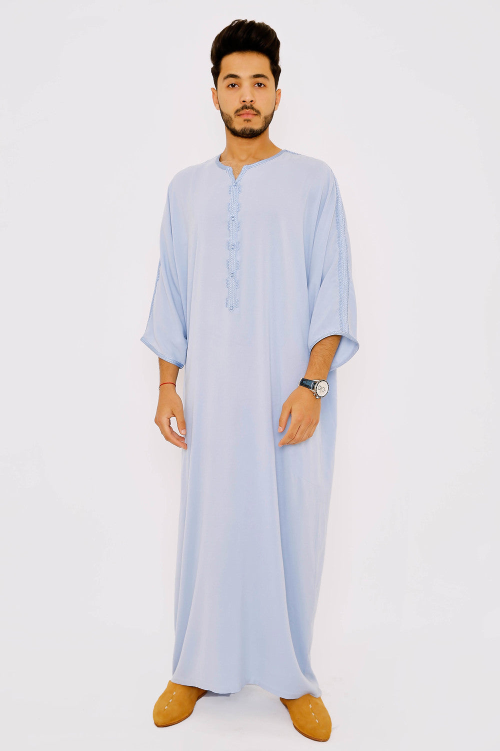 Gandoura Zahir Men's Long Robe Long Sleeve Casual Thobe in Sky Blue