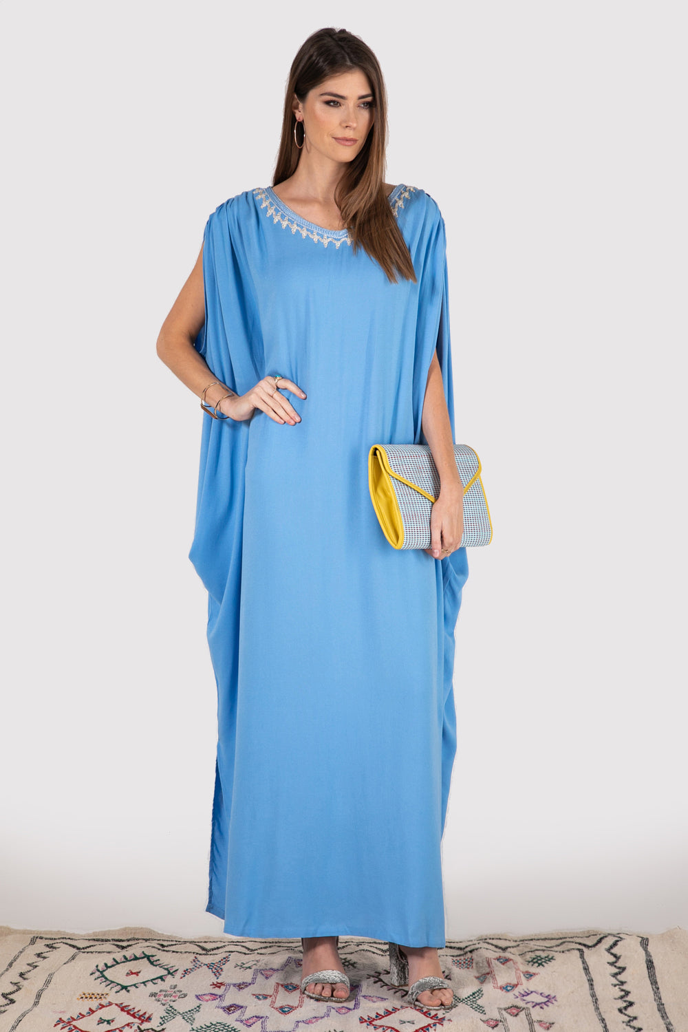 Kaftan Eloise Embroidered Neckline Split Sleeve Ruche Shoulder Lace-Up Long Maxi Dress in Sky Blue