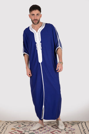Gandoura Imrane Men's Short Sleeve Contrast Embroidery Full-Length Robe Casual Thobe in Blue