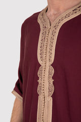 Gandoura Imrane Men's Short Sleeve Contrast Embroidery Full-Length Robe Casual Thobe in Burgundy