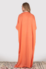 Kaftan Sacree High Neck Cropped Sleeve Lightweight Embroidered Satin Maxi Dress in Salmon