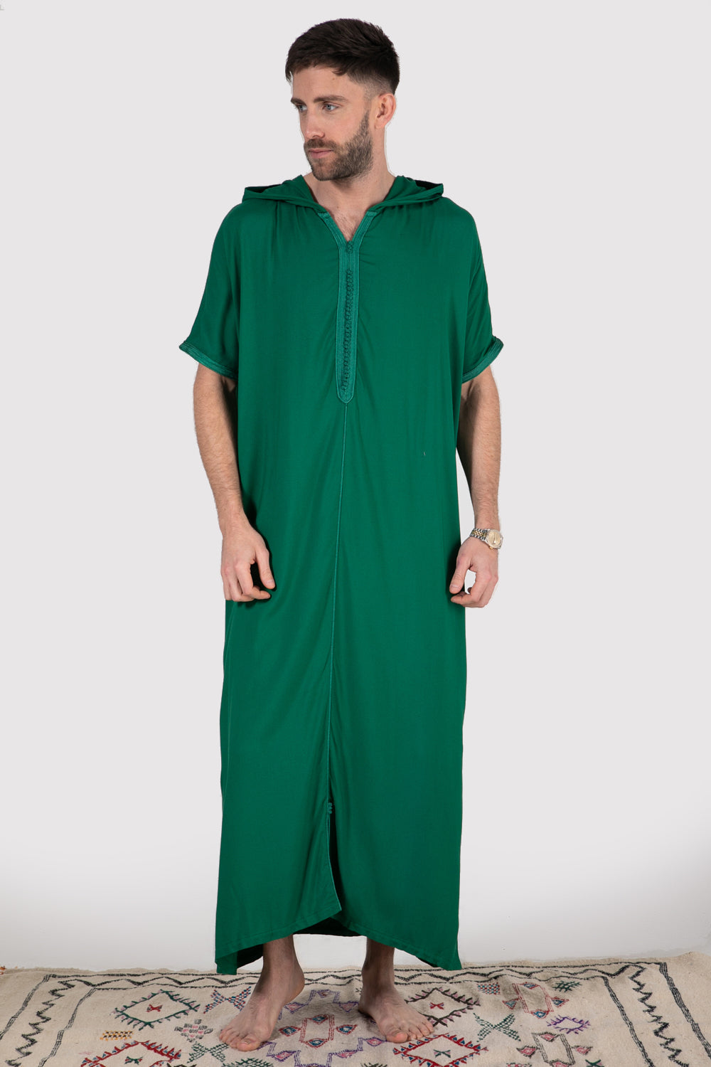 Gandoura Vanity Men's Hooded Robe Casual Short Sleeve Thobe in Green