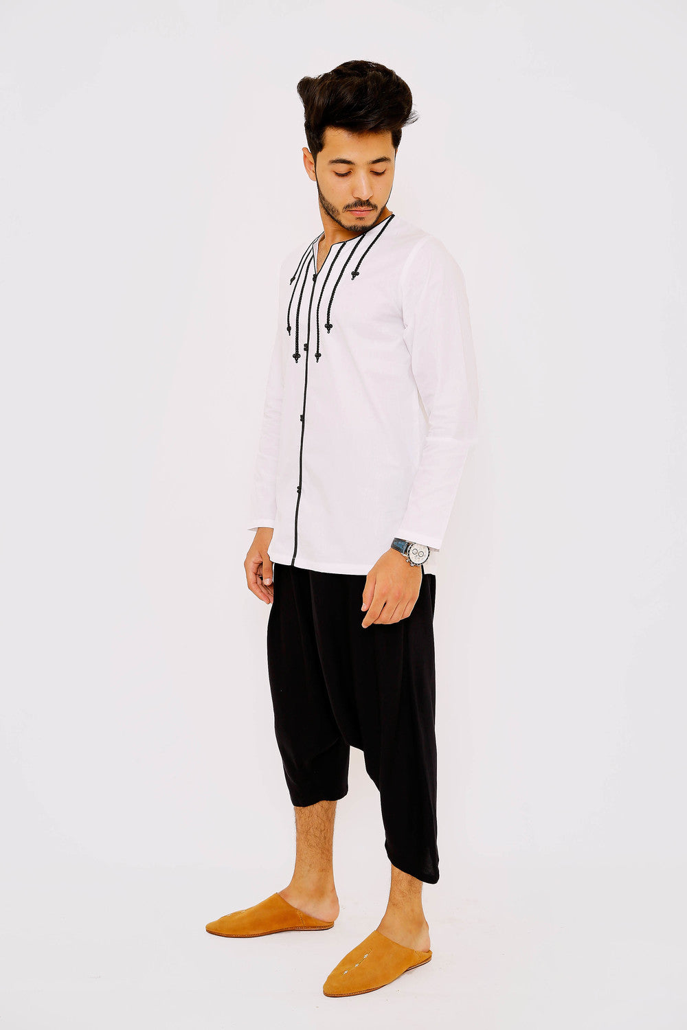 Jabador Ihssane Men's Long Sleeve Collarless Embroidered Shirt in White