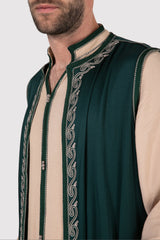 Mens New Jabador Achraf Men's Longline Thobe Long Sleeves Vest and Trousers Embroidered Co-Ord Set in Green