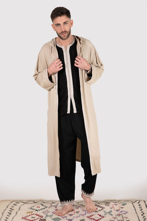 Jabador Faris Men's Long Sleeve Top Hooded Jacket and Trousers Co-Ord Set in Beige