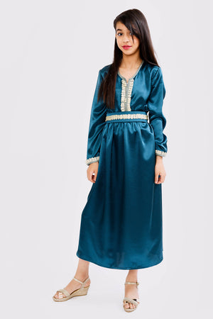 Kaftan Sharazade Girl's Long Sleeve Satin Maxi Dress in Petrol