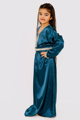 Kaftan Sharazade Girl's Long Sleeve Satin Maxi Dress in Petrol