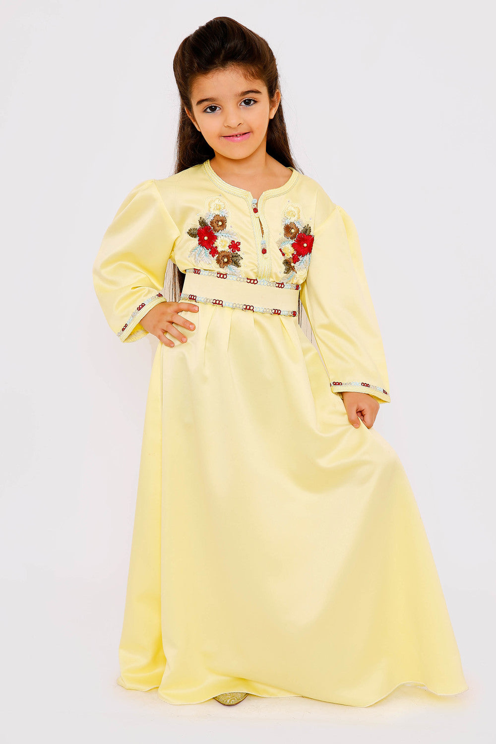 Kaftan Sherine Girl's Puff Sleeve Belted Maxi Dress in Yellow