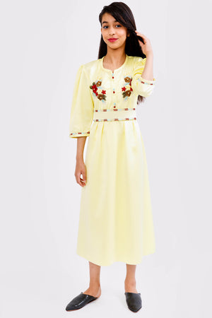 Kaftan Sherine Girl's Puff Sleeve Belted Maxi Dress in Yellow