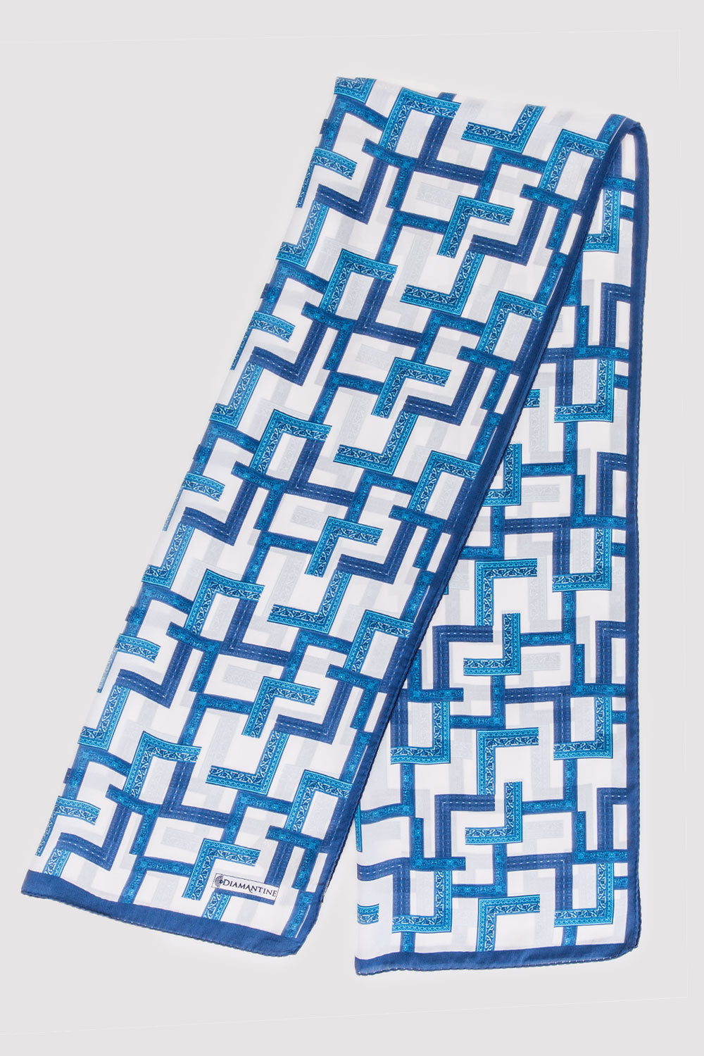 Silk Satin Scarf in Blue & White Print